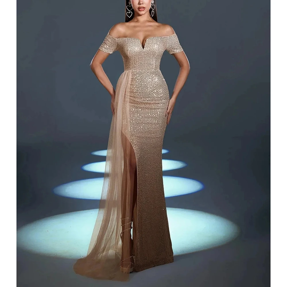 Customized Sparkle Elegant Off the Shoulder V-neck Slit Mermaid Ball Prom Dresses Floor-Length Evening Party Exquisite Dresses
Customized Sparkle Elegant Off the Shoulder V-neck Slit Mermaid Ball Prom Dresses Floor-Length Evening Party Exquisite Dresses