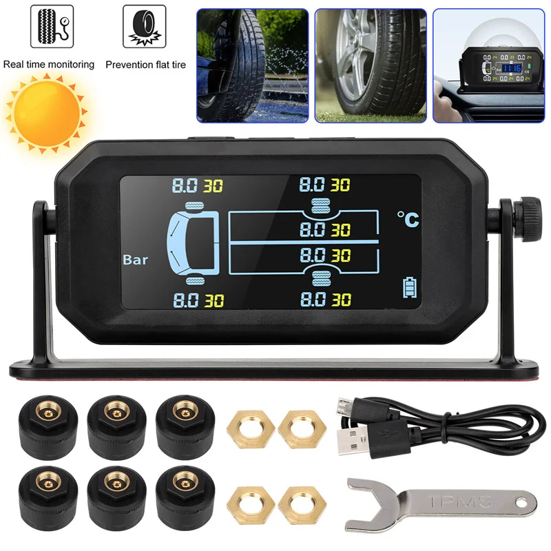 Беспроводные автомобильные датчики давления в шинах TPMS, солнечная система контроля давления в шинах, сигнализация температуры, 6-колесный внешний датчик в шинах
Беспроводные автомобильные датчики давления в шинах TPMS, солнечная система контроля давления в шинах, сигнализация температуры, 6-колесный внешний датчик в шинах