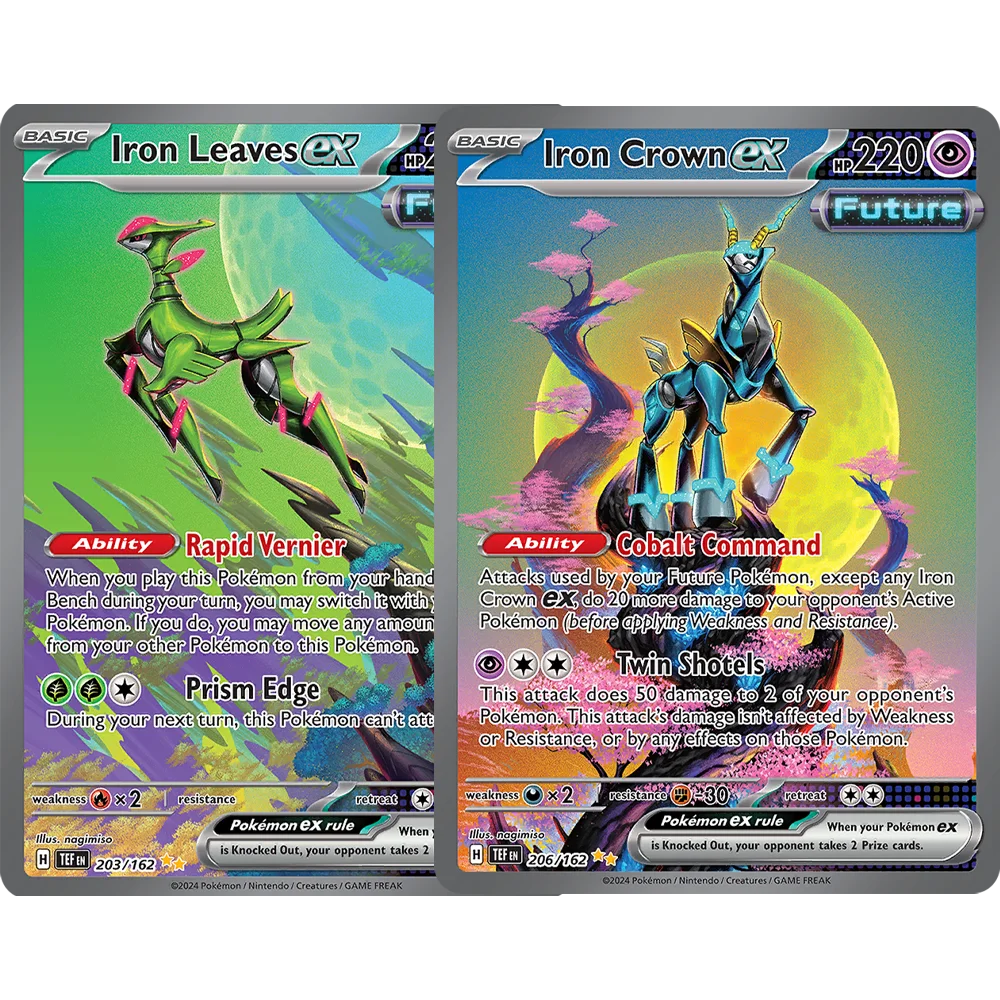 Коллекционные карты PKM Temporal Forces (TEF) для игры PTCG: голографические Raging Bolt/Gouging Fire/Iron Crown/Iron Leaves/ex Walking Wake
Коллекционные карты PKM Temporal Forces (TEF) для игры PTCG: голографические Raging Bolt/Gouging Fire/Iron Crown/Iron Leaves/ex Walking Wake