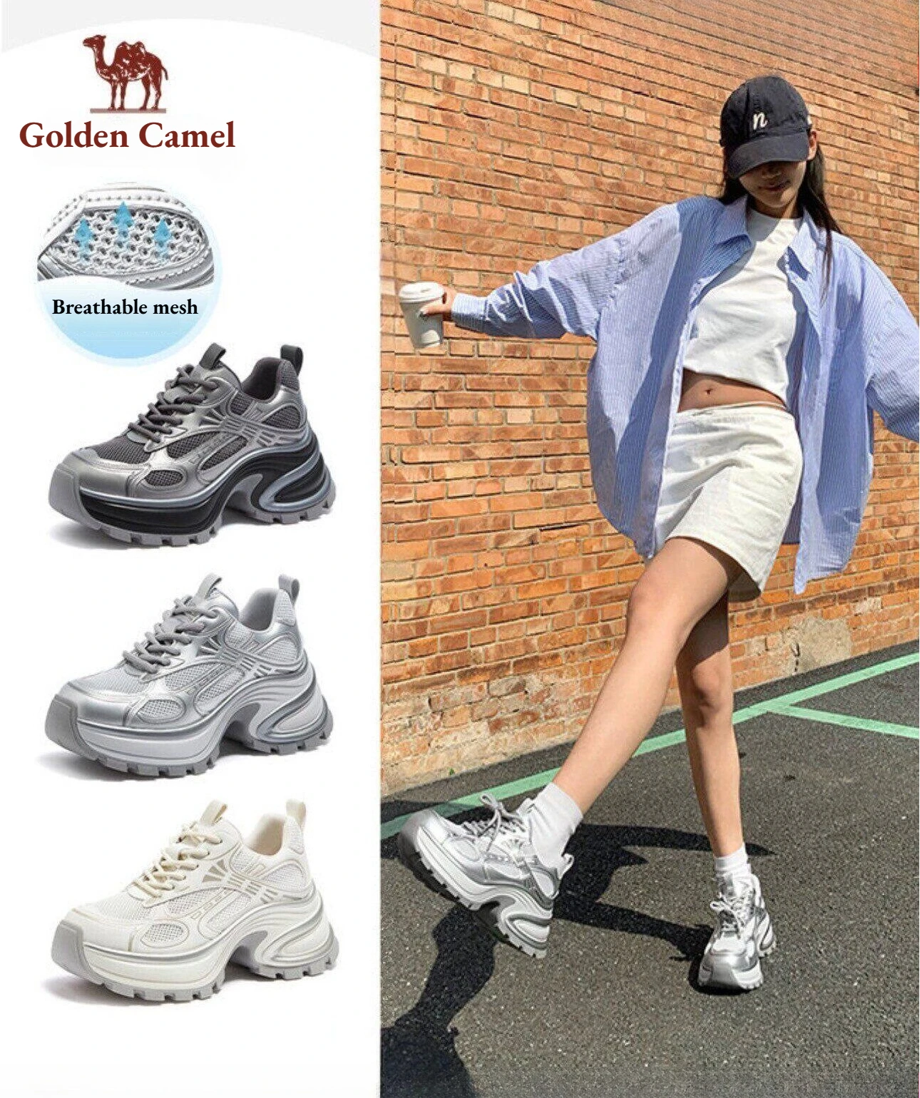 Golden Camel Women's Platform Sports Shoes 2026 Summer Fashion Thick Sole Silver Sneakers Breathable Height-Increasing Lady Shoe
Golden Camel Women's Platform Sports Shoes 2026 Summer Fashion Thick Sole Silver Sneakers Breathable Height-Increasing Lady Shoe