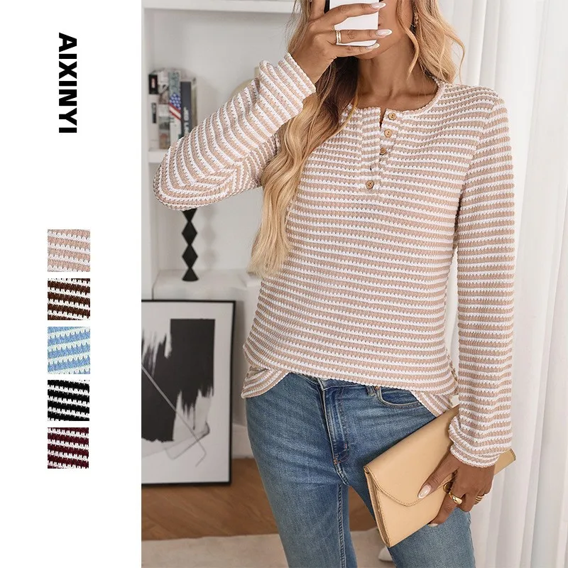Casual T Shirt Women Long Sleeve Round Neck Tee Beige White Striped Loose Fit T-Shirts Black White Striped Knit Top For Woman
Casual T Shirt Women Long Sleeve Round Neck Tee Beige White Striped Loose Fit T-Shirts Black White Striped Knit Top For Woman