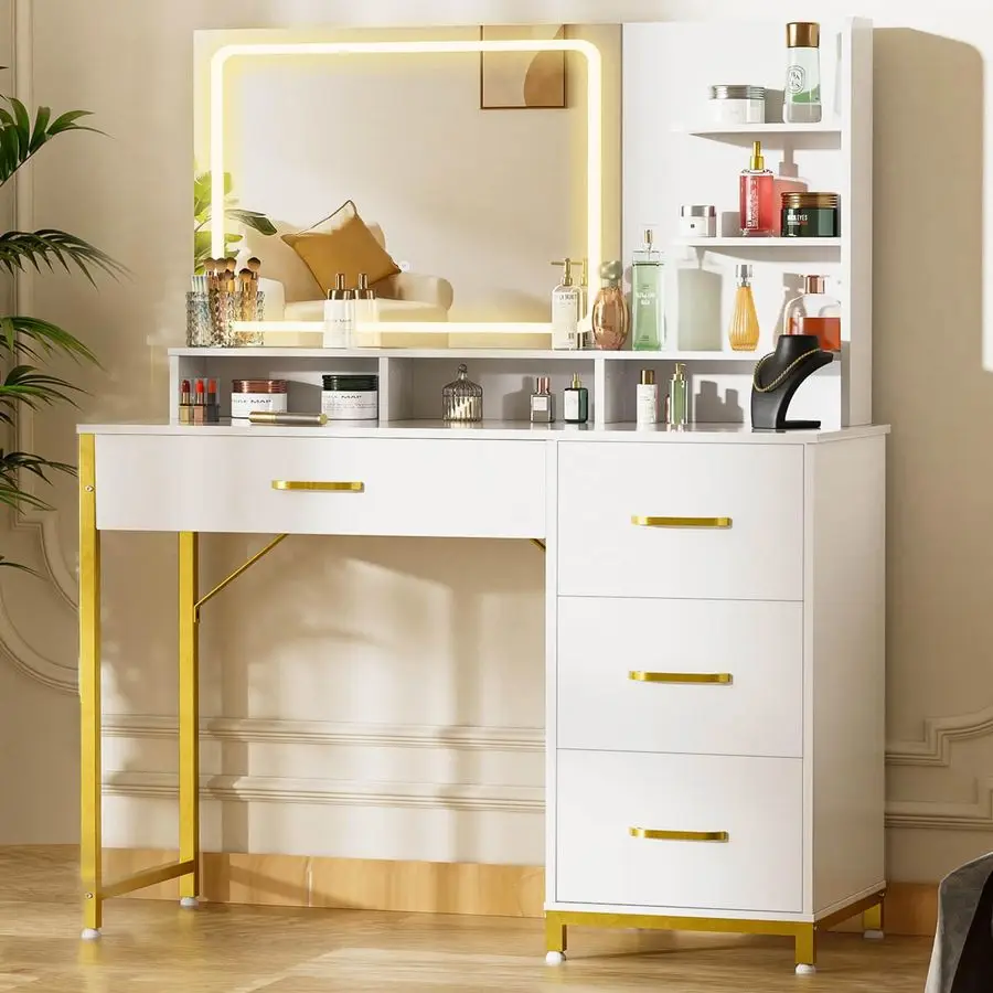 Туалетный столик с зеркалом и подсветкой, косметический столик с 4 ящиками и полками для хранения, большое HD-зеркало, 3 режима цвета и A.
Туалетный столик с зеркалом и подсветкой, косметический столик с 4 ящиками и полками для хранения, большое HD-зеркало, 3 режима цвета и A.