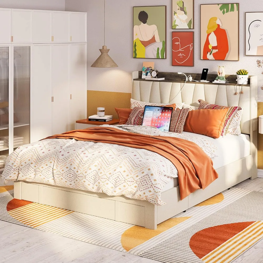 Full Size Bed Frame with 3 Drawers, Upholstered Platform Bed with Storage Headboard and Charging Station, No Box Spring Needed
Full Size Bed Frame with 3 Drawers, Upholstered Platform Bed with Storage Headboard and Charging Station, No Box Spring Needed