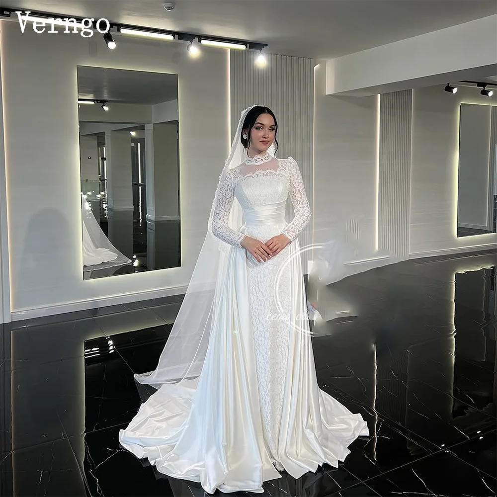 Verngo Elegant lvory Lace Wedding Dresses Women High Neck Full Sleeves A Line Bride Dresses Sweap Train Bridal Gowns Customized
Verngo Elegant lvory Lace Wedding Dresses Women High Neck Full Sleeves A Line Bride Dresses Sweap Train Bridal Gowns Customized