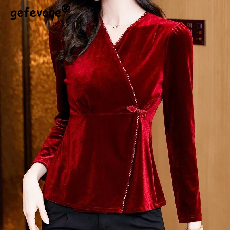Women Clothing Stylish Vintage Chinese Style Button Bead Elegant Golden Velvet T Shirt Autumn Black V Neck Slim Long Sleeve Tops
Women Clothing Stylish Vintage Chinese Style Button Bead Elegant Golden Velvet T Shirt Autumn Black V Neck Slim Long Sleeve Tops