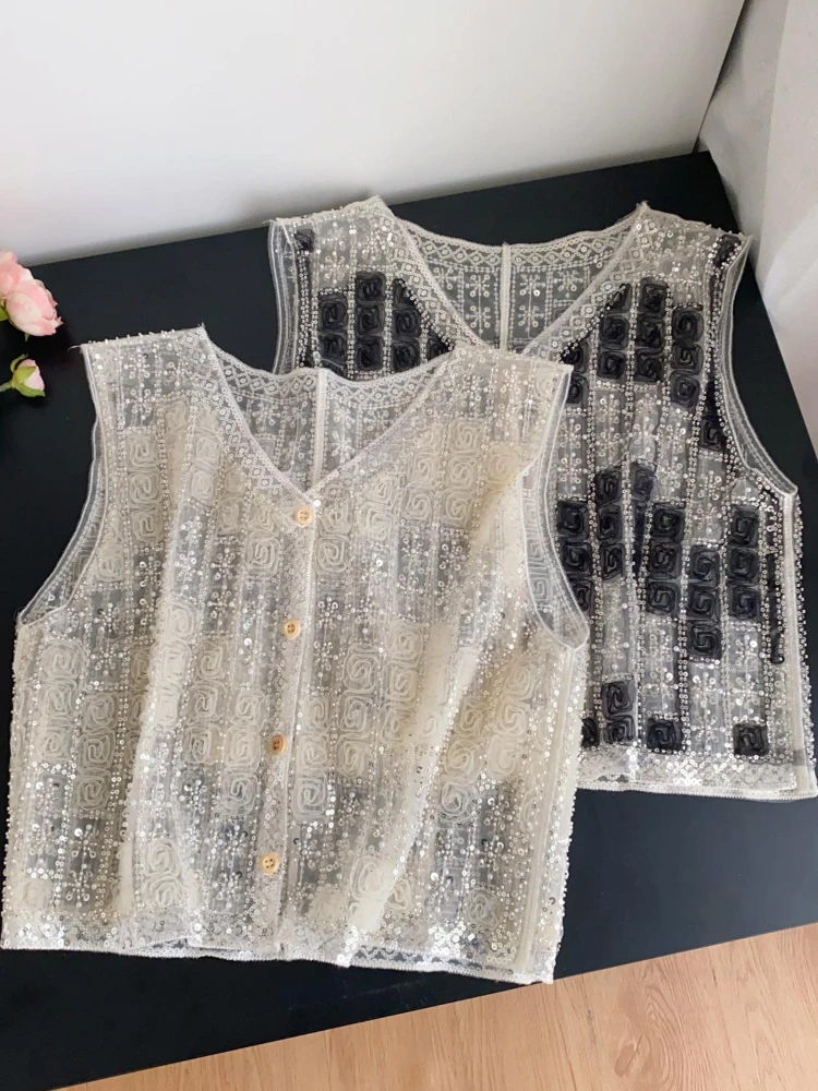 Rose Embroidery Women Button Vest Glitter Flower Sequin Beaded V-neck Lace-Up Korean Fashion Chic Summer Cardigan
Rose Embroidery Women Button Vest Glitter Flower Sequin Beaded V-neck Lace-Up Korean Fashion Chic Summer Cardigan