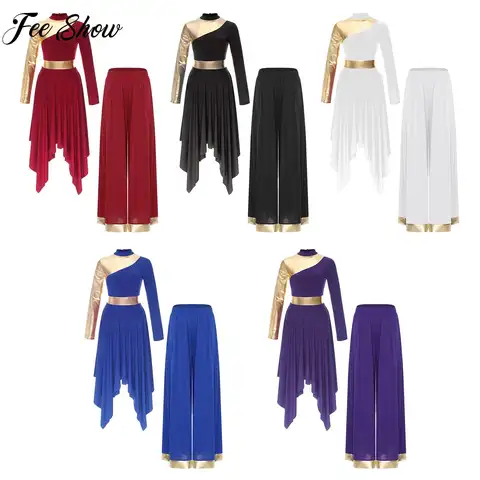 Damska liturgiczna liryczna sukienka do tańca uroczystego, strój do tańca chwały, sukienka z długim rękawem i szerokimi spodniami, strój do tańca chóru kościelnego