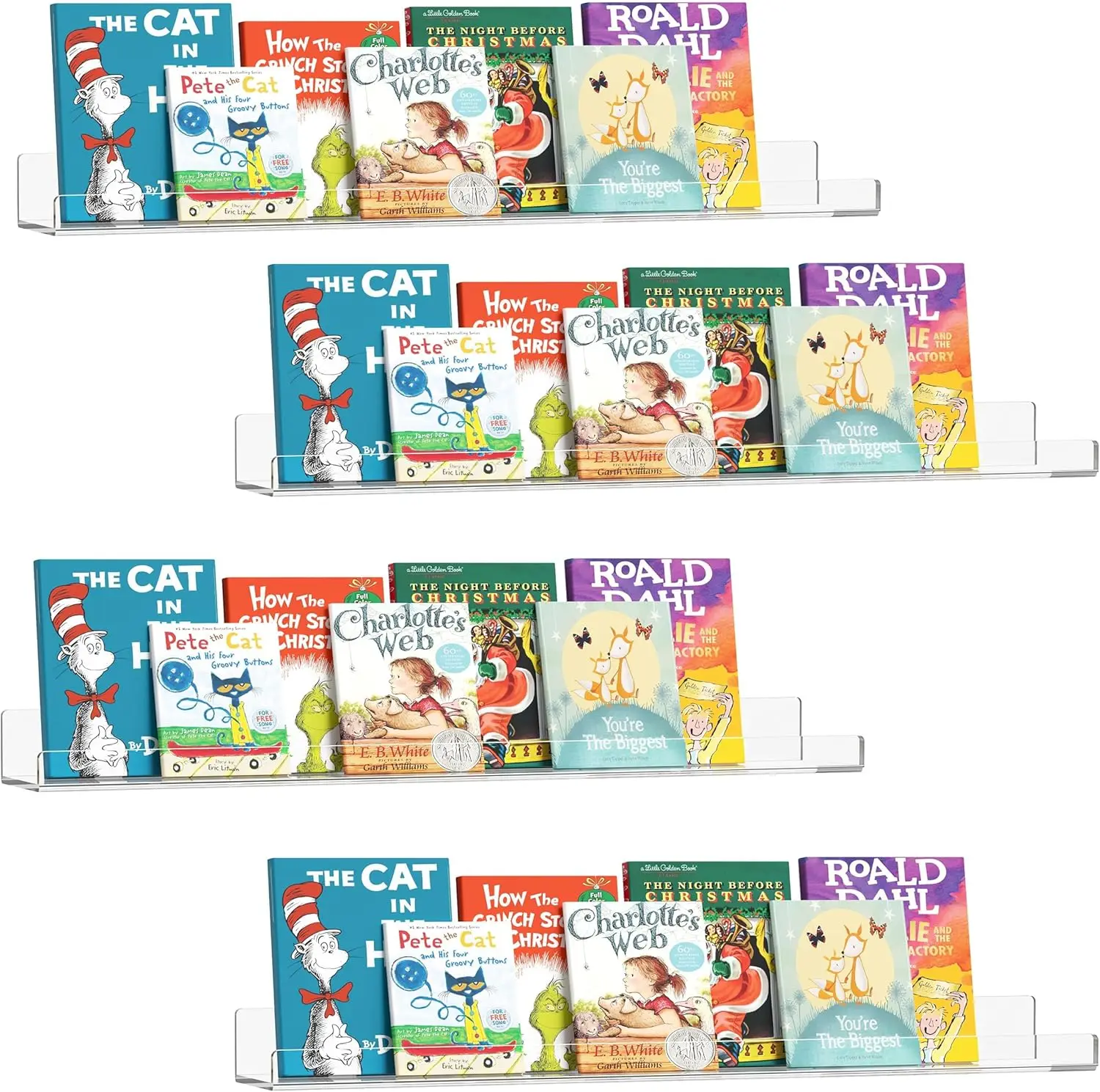 36-Inch Clear Acrylic Floating Shelves, Kids Book Display, Magazine Rack, Photo Ledge for Frames and Vinyl Records, Set of 4
36-Inch Clear Acrylic Floating Shelves, Kids Book Display, Magazine Rack, Photo Ledge for Frames and Vinyl Records, Set of 4
