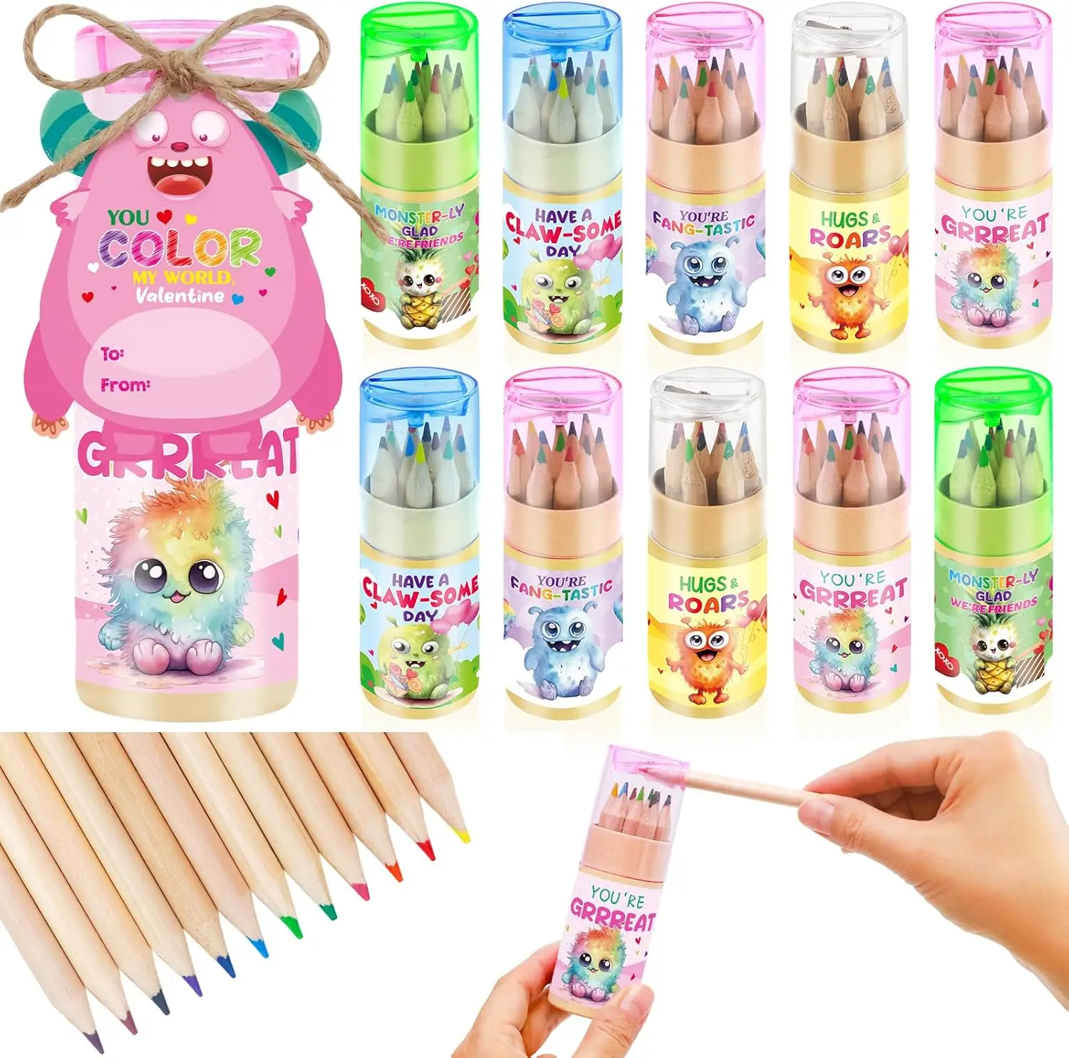 Набор карандашей ко Дню святого Валентина с милыми карточками-монстрами, 20 цветных карандашей с точилками для детских подарков и обмена в классе
Набор карандашей ко Дню святого Валентина с милыми карточками-монстрами, 20 цветных карандашей с точилками для детских подарков и обмена в классе