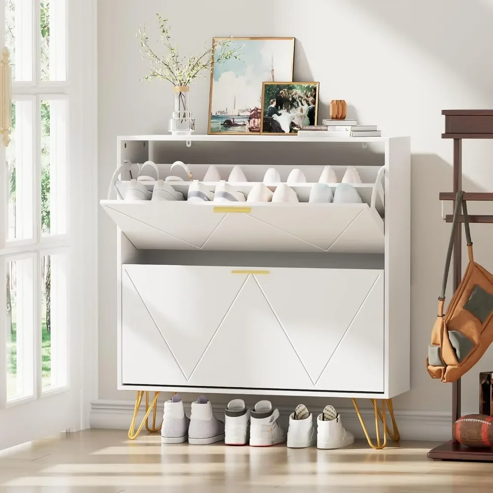 Shoe Cabinet for Entryway, White Narrow Shoe Storage Cabinet with 2 Flip Drawers, Wooden Hidden Freestanding Shoe Rack
Shoe Cabinet for Entryway, White Narrow Shoe Storage Cabinet with 2 Flip Drawers, Wooden Hidden Freestanding Shoe Rack