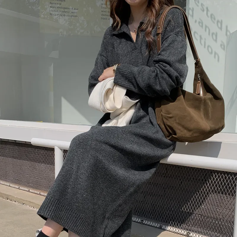Casual Thicken Warm Loose Sweater Dress Women Autumn Winter Lapel Full Sleeve Solid Long Knitted Dress Female Vestidos
Casual Thicken Warm Loose Sweater Dress Women Autumn Winter Lapel Full Sleeve Solid Long Knitted Dress Female Vestidos