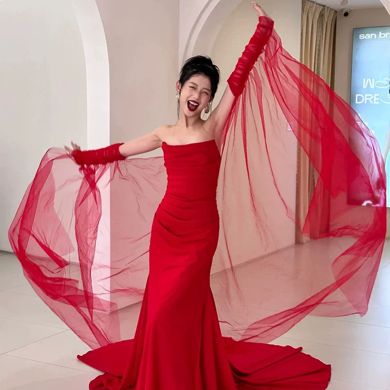 Mingli Tengda Red Tulle Long Fingerless Bride Gloves Sheer Fuffled Long Sleeves with Train Elegant Women's Wedding Accessories
Mingli Tengda Red Tulle Long Fingerless Bride Gloves Sheer Fuffled Long Sleeves with Train Elegant Women's Wedding Accessories