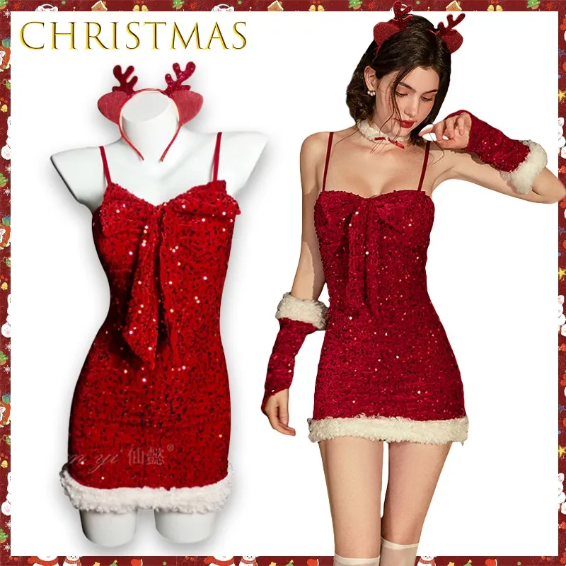 Sexy Red Sequin Bow Christmas Dress Bodycon Mini Skirt Performance Outfit Cosplay Role Play Night Clubwear Maid Uniform Party
Sexy Red Sequin Bow Christmas Dress Bodycon Mini Skirt Performance Outfit Cosplay Role Play Night Clubwear Maid Uniform Party