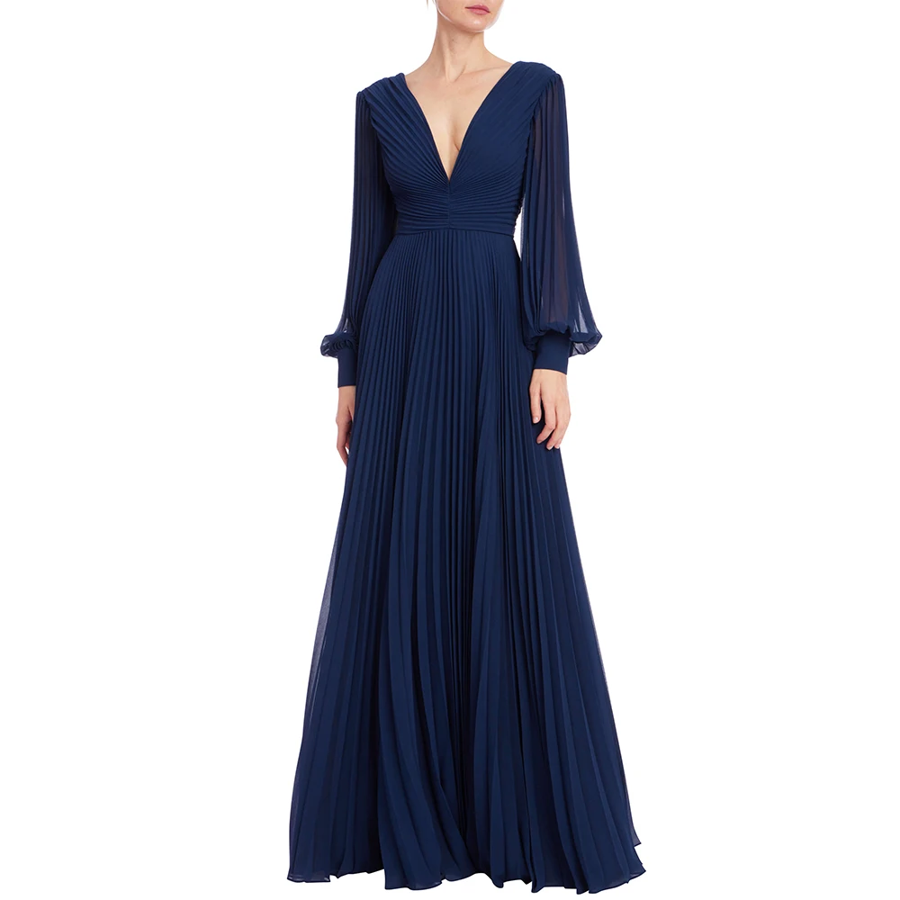 Fashion Dark Blue Pleats Chiffon Evening Dress with Puff Long Sleeves V-Neck Straight Floor Length Prom Gowns Customized
Fashion Dark Blue Pleats Chiffon Evening Dress with Puff Long Sleeves V-Neck Straight Floor Length Prom Gowns Customized