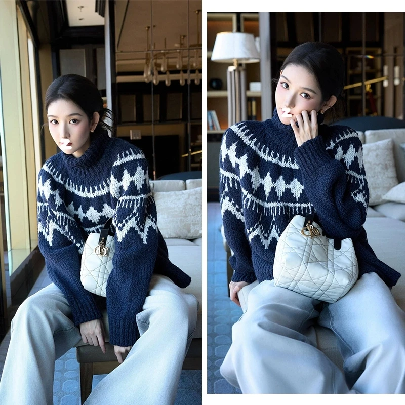Wang Yuwen k Blue High Collar Fair Isle Knitwear Women's Autumn Winter Loose Fit Casual Sle Long Sve Sweater
Wang Yuwen k Blue High Collar Fair Isle Knitwear Women's Autumn Winter Loose Fit Casual Sle Long Sve Sweater