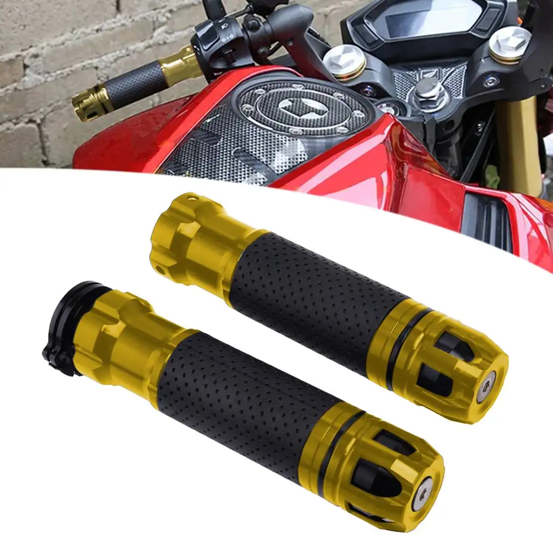 1 Pair 7/8" 22mm Motorcycle Universal Rotatable Throttle Handlebar Handle Bar Aluminum Alloy Hand Grips Gold & Black 
1 Pair 7/8" 22mm Motorcycle Universal Rotatable Throttle Handlebar Handle Bar Aluminum Alloy Hand Grips Gold & Black