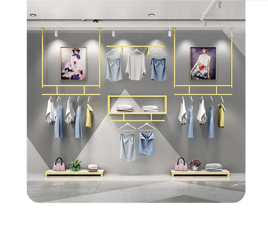 Women's clothes rack on the wall, suspended ceiling and side rack of the display shelf of gold clothing store 
Women's clothes rack on the wall, suspended ceiling and side rack of the display shelf of gold clothing store