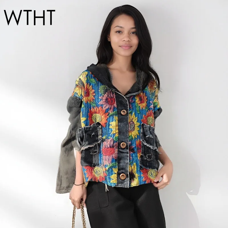 WTHT Trendy Fashion Women's Flower Print Knit Spliced Denim Jacket 2025 Autumn New Hooded Long Sleeves Coat Female 1LS2270
WTHT Trendy Fashion Women's Flower Print Knit Spliced Denim Jacket 2025 Autumn New Hooded Long Sleeves Coat Female 1LS2270