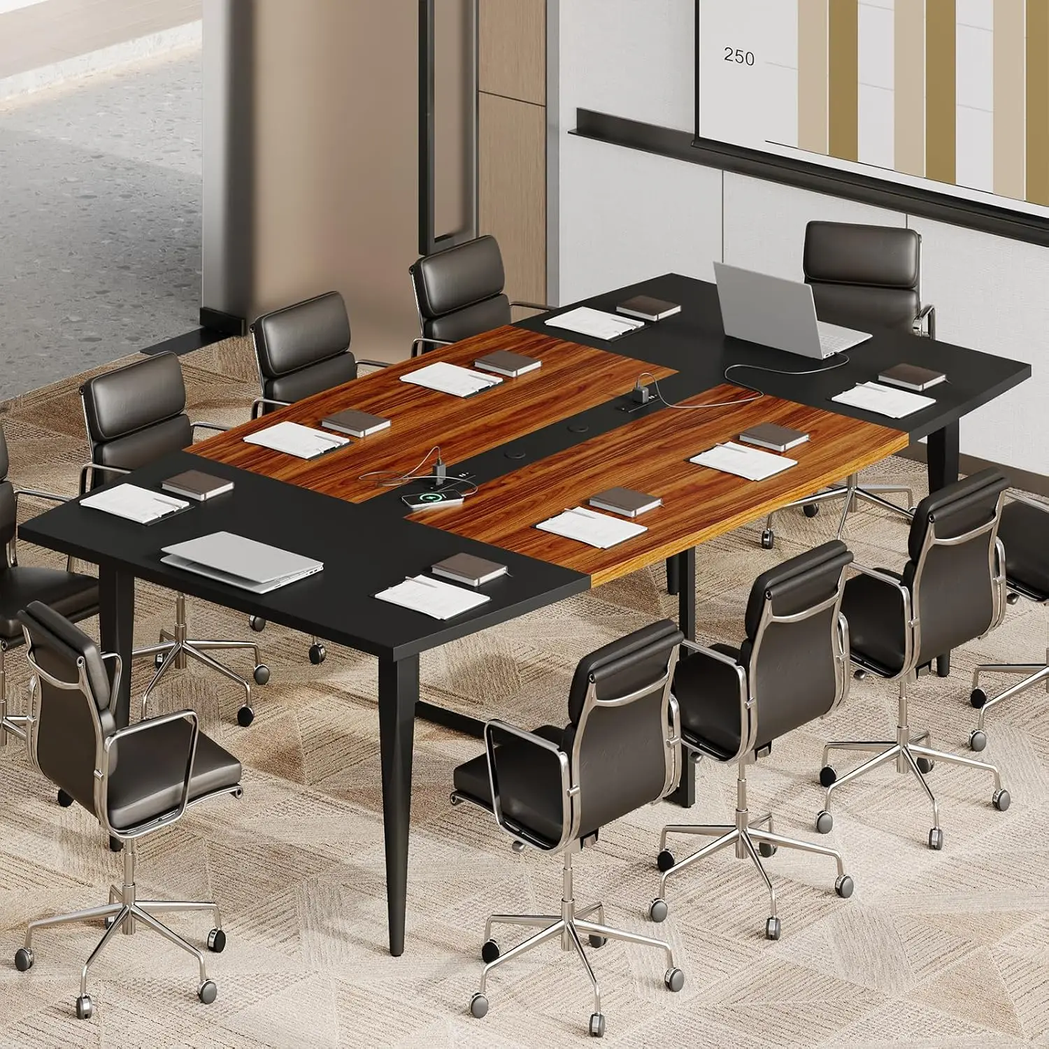 8FT Conference Table with Power Hubs, Large Meeting Table for 8-10 People, Sturdy Metal Legs, 2 Cable Grommets, Modern, Custom
8FT Conference Table with Power Hubs, Large Meeting Table for 8-10 People, Sturdy Metal Legs, 2 Cable Grommets, Modern, Custom
