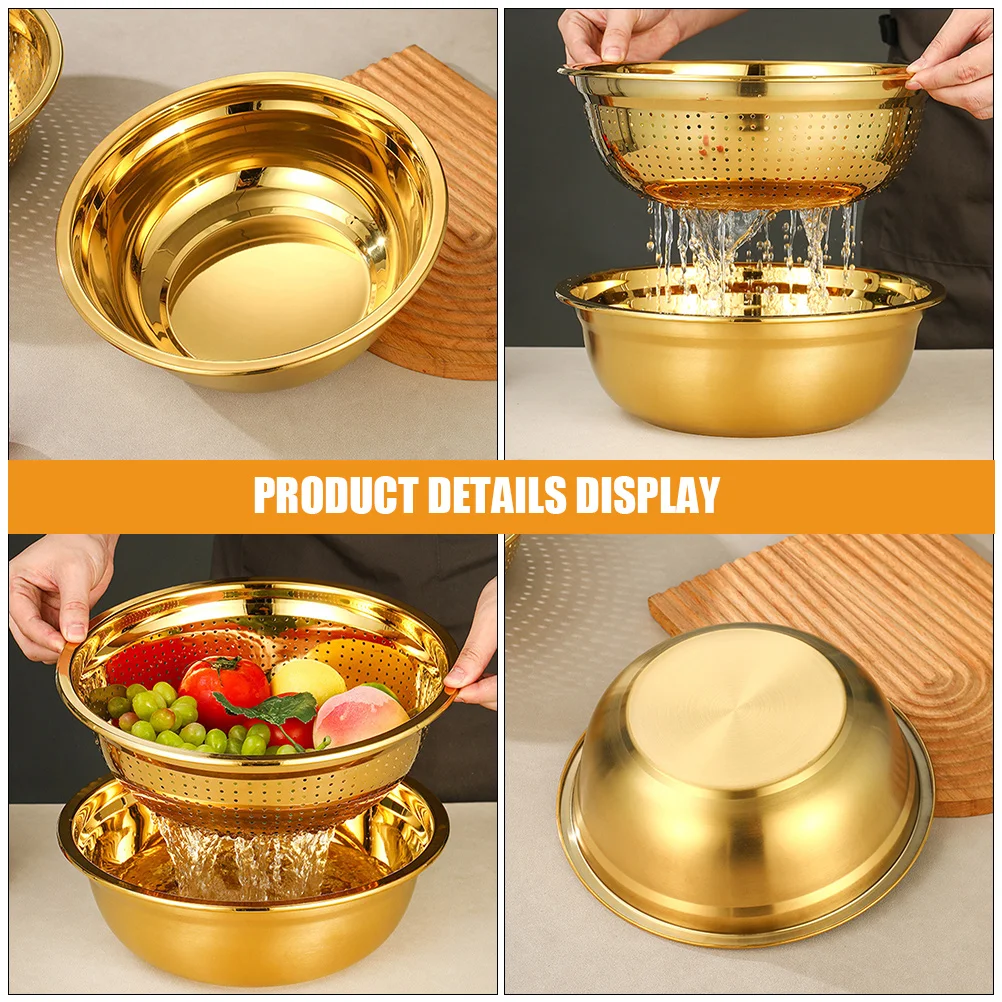 1 set 18cm Golden Stainless Steel Colander Drain Basket Kitchen Sink Strainer Rice Washing Bowl Fruit Vegetable Cleaning Storage 
1 set 18cm Golden Stainless Steel Colander Drain Basket Kitchen Sink Strainer Rice Washing Bowl Fruit Vegetable Cleaning Storage