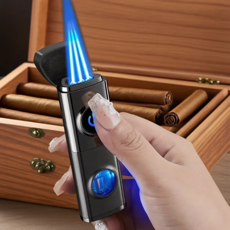 Специальная зажигалка с тремя пламенями для сигар, надувной портативный воспламенитель с прямой зарядкой, мощная мощность, аксессуары для курения, мужской подарок
Специальная зажигалка с тремя пламенями для сигар, надувной портативный воспламенитель с прямой зарядкой, мощная мощность, аксессуары для курения, мужской подарок