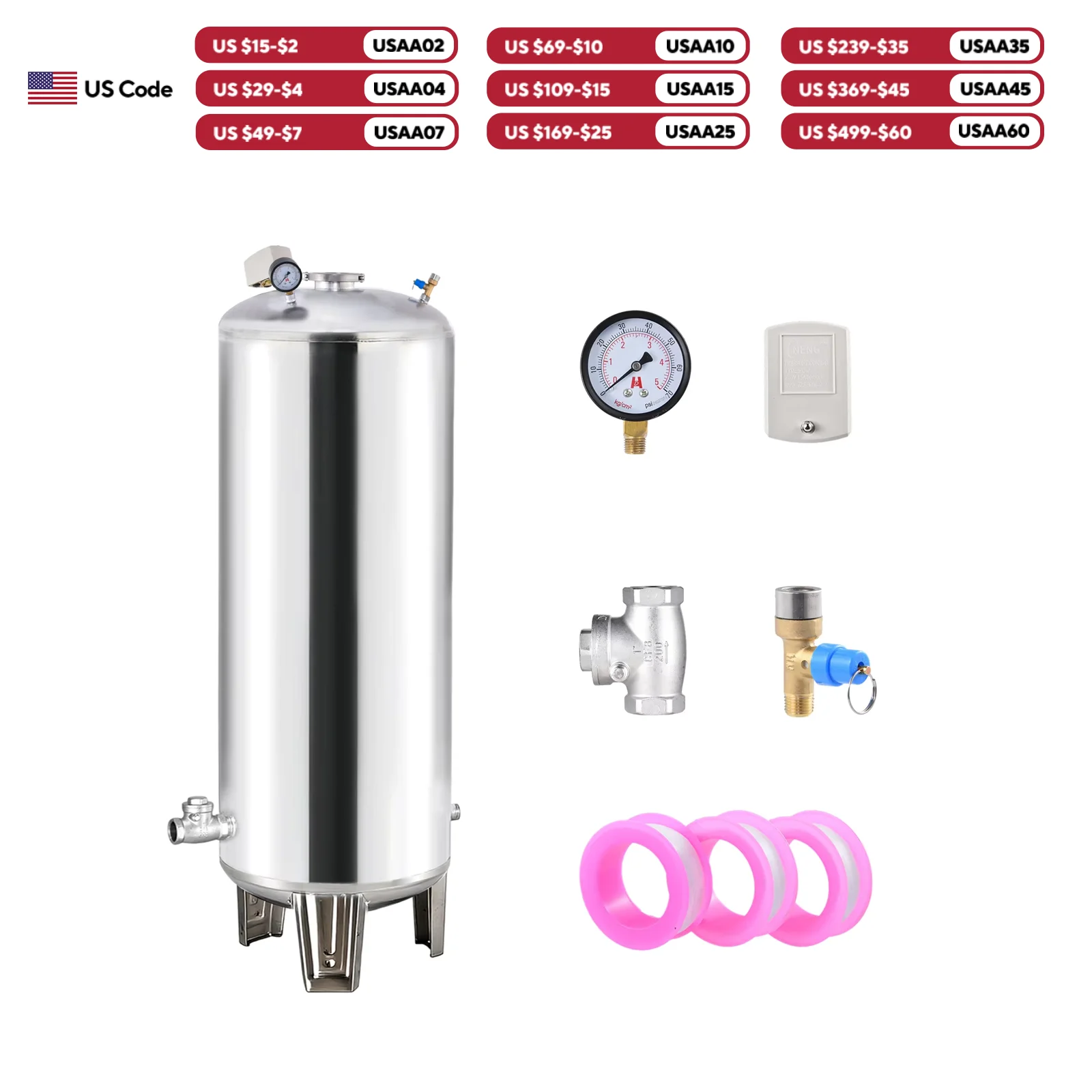 304 Food Grade Stainless Steel Well Water Pressure Tank 250L 66Gal Vertical Pressurized Booster Tank with Mounting Kit for Home Kitchen Farm Garden Staircase Courtyard Well Pump System
304 Food Grade Stainless Steel Well Water Pressure Tank 250L 66Gal Vertical Pressurized Booster Tank with Mounting Kit for Home Kitchen Farm Garden Staircase Courtyard Well Pump System