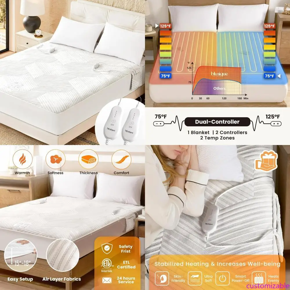 Матрас с электрическим подогревом размера «queen-size» с двумя элементами управления, глубокими карманами, боковым хранилищем для контроллера, можно стирать в машине 
Матрас с электрическим подогревом размера «queen-size» с двумя элементами управления, глубокими карманами, боковым хранилищем для контроллера, можно стирать в машине