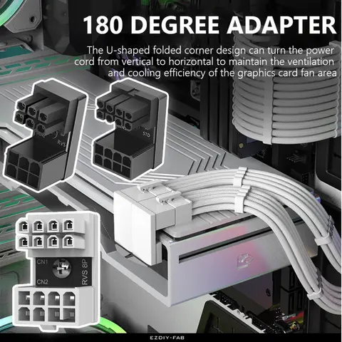 Connecteur de direction assistée coudé pour carte vidéo de bureau, adaptateur GPU ATX, tête coudée, 8 broches, 6 broches femelles, 8 broches, 6 broches mâles, résistant à 180