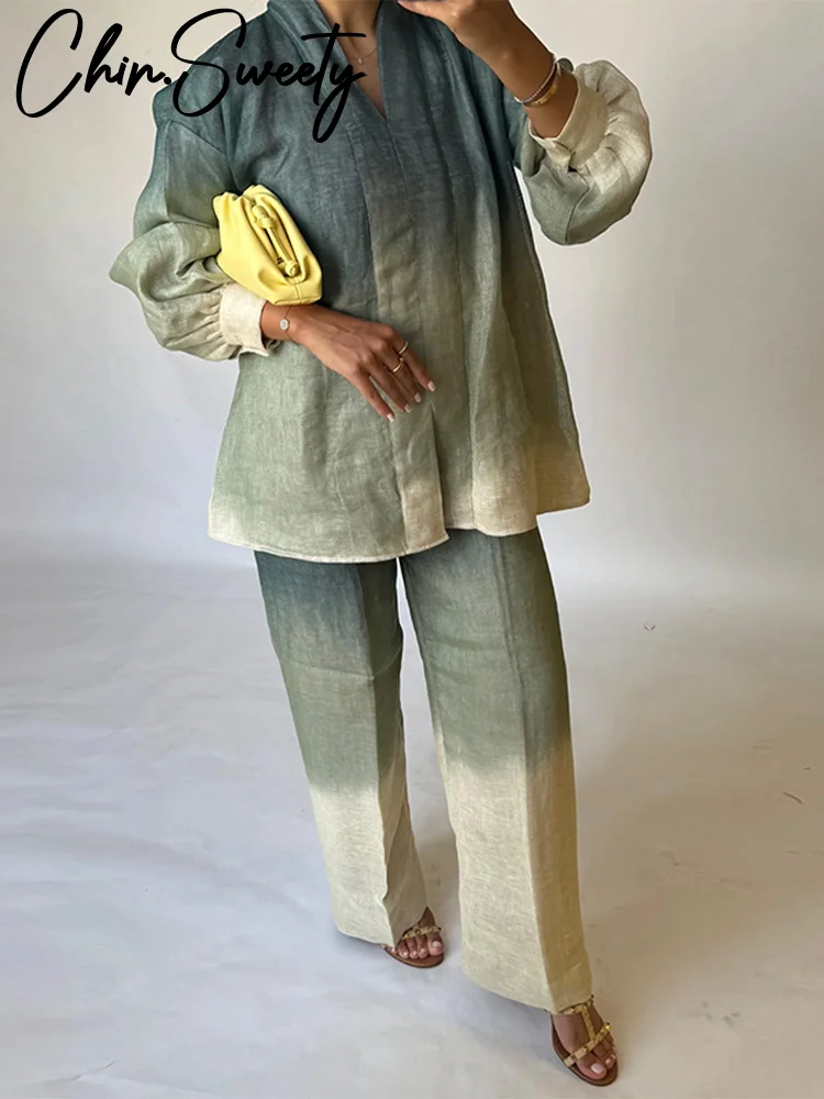 Женские рубашки градиентного цвета, брючный костюм, прямые брюки с длинными рукавами, женские комплекты с v-образным вырезом, лето 2021, осень, модная женская одежда
Женские рубашки градиентного цвета, брючный костюм, прямые брюки с длинными рукавами, женские комплекты с v-образным вырезом, лето 2021, осень, модная женская одежда