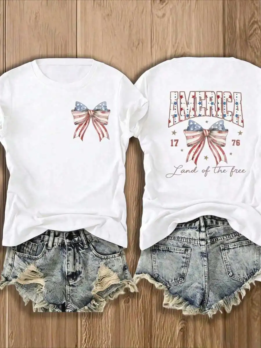 Womens Cotton T-Shirt With American Flag Bow Print Land Of The Free Independence Day Casual Top
Womens Cotton T-Shirt With American Flag Bow Print Land Of The Free Independence Day Casual Top