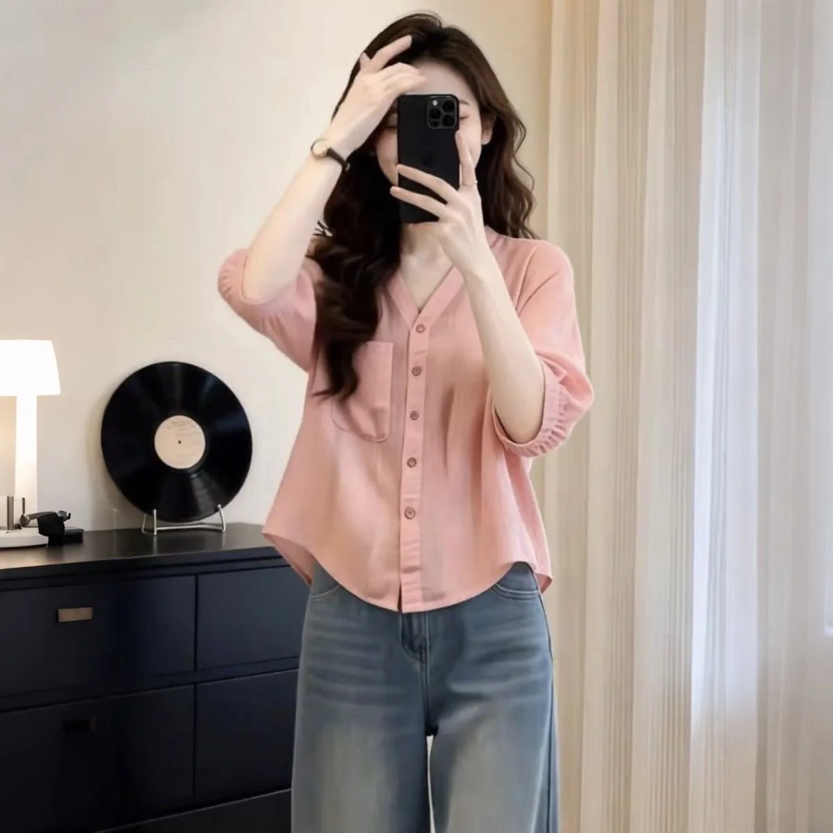 Slimming V-Neck 3/4 Sleeve Shirt Women's Summer New Style plus Size Comfortable Breathable Polyester Casual Business Shirt
Slimming V-Neck 3/4 Sleeve Shirt Women's Summer New Style plus Size Comfortable Breathable Polyester Casual Business Shirt