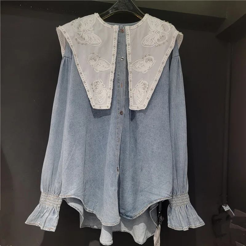 SuperAen Sailor Collar Butterfly Embroidery Diamond Design Denim Flared Sleeve Shirt Autumn Long-sleeved Sweet Elegant Shirts
SuperAen Sailor Collar Butterfly Embroidery Diamond Design Denim Flared Sleeve Shirt Autumn Long-sleeved Sweet Elegant Shirts