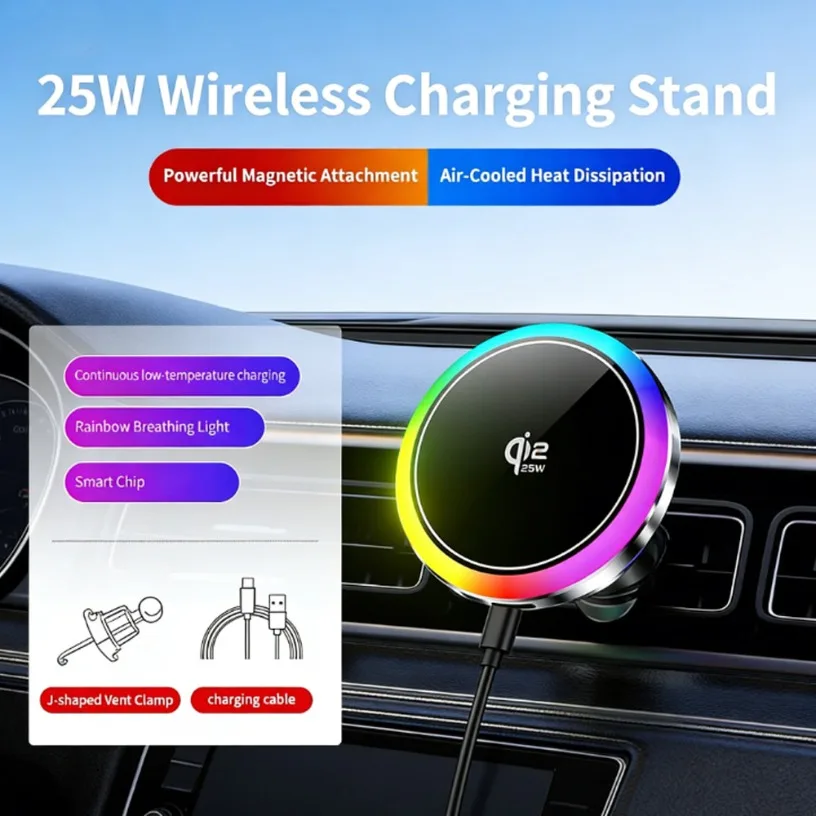 Qi2.2 Fast Wireless Car Charger Built-in Cooling Fan Power Compatible Magnetic Car Mount for iPhone 16 17 Series
Qi2.2 Fast Wireless Car Charger Built-in Cooling Fan Power Compatible Magnetic Car Mount for iPhone 16 17 Series