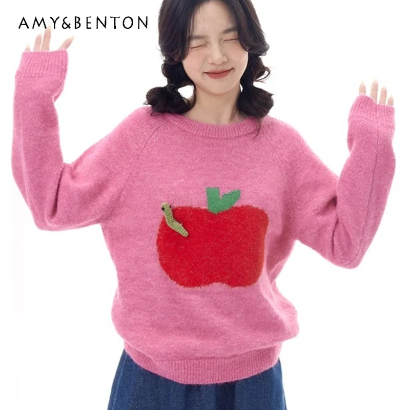Осень-зима, новый розовый женский свитер с фруктовым принтом, оригинальный дизайн, японский милый милый новогодний плюшевый теплый свитер для девочек 
Осень-зима, новый розовый женский свитер с фруктовым принтом, оригинальный дизайн, японский милый милый новогодний плюшевый теплый свитер для девочек