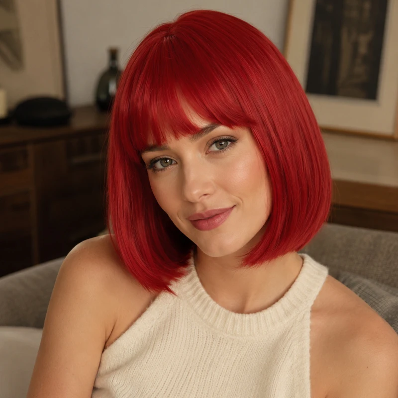 Women's synthetic 12-inch red wig, natural short hair, straight bangs, suitable for everyday wear and special occasions.
Women's synthetic 12-inch red wig, natural short hair, straight bangs, suitable for everyday wear and special occasions.