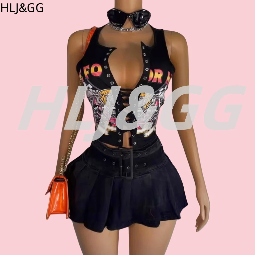 HLJ&GG Black Sexy Hot Girl Hollow Bandage Two Piece Sets Women Deep V Sleeveless Tank Top+Pleated Mini Skirts Outfits Streetwear
HLJ&GG Black Sexy Hot Girl Hollow Bandage Two Piece Sets Women Deep V Sleeveless Tank Top+Pleated Mini Skirts Outfits Streetwear