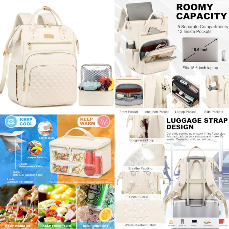 Lunch Backpack for Women, 15.6 Inch Laptop Backpack with Detachable Insulated Cooler Lunch Box, 2-in-1 Water Resistant Work Com
Lunch Backpack for Women, 15.6 Inch Laptop Backpack with Detachable Insulated Cooler Lunch Box, 2-in-1 Water Resistant Work Com