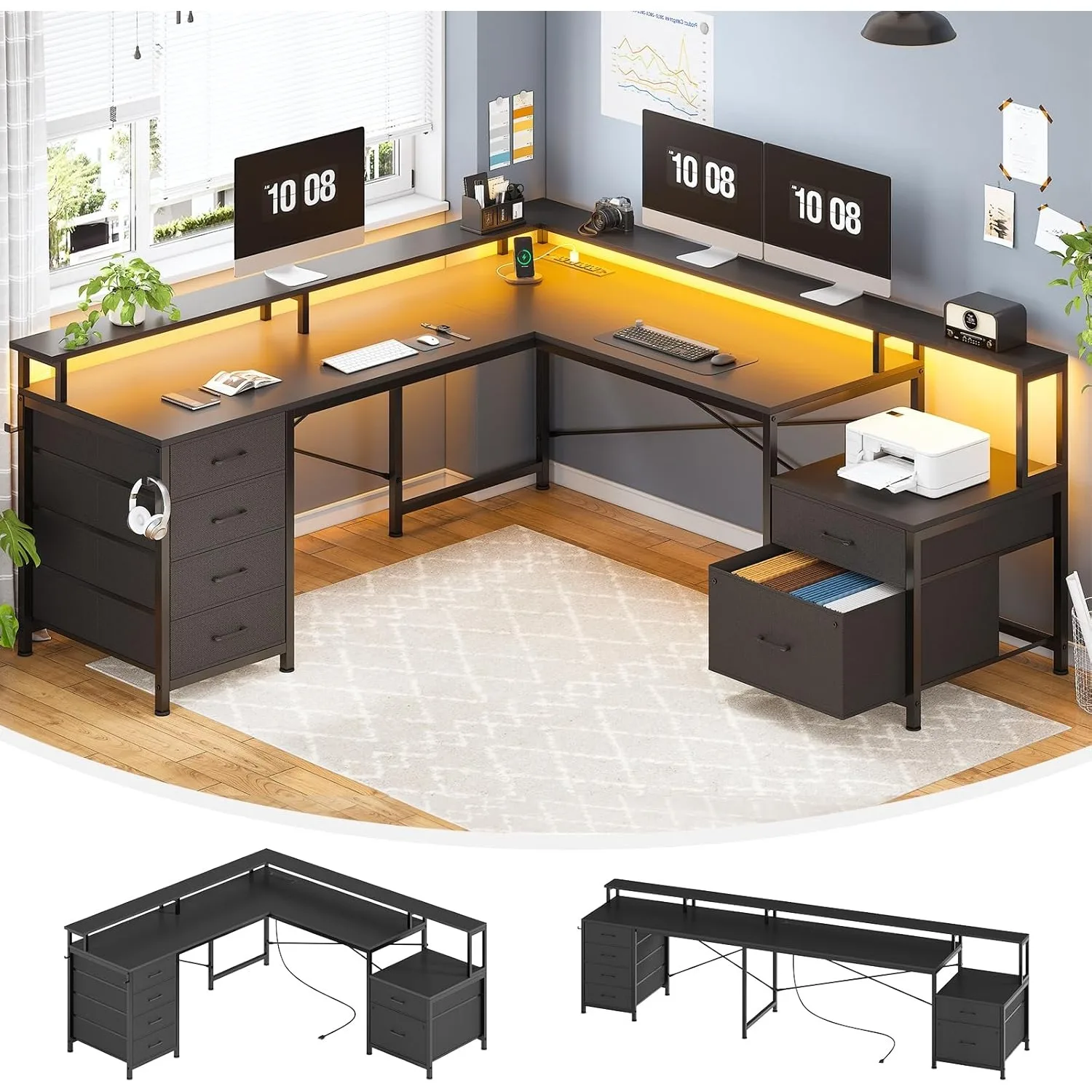 L-shaped office desk with 6 drawers, 108 inch desk, equipped with file drawers and power sockets, with black display rack
L-shaped office desk with 6 drawers, 108 inch desk, equipped with file drawers and power sockets, with black display rack