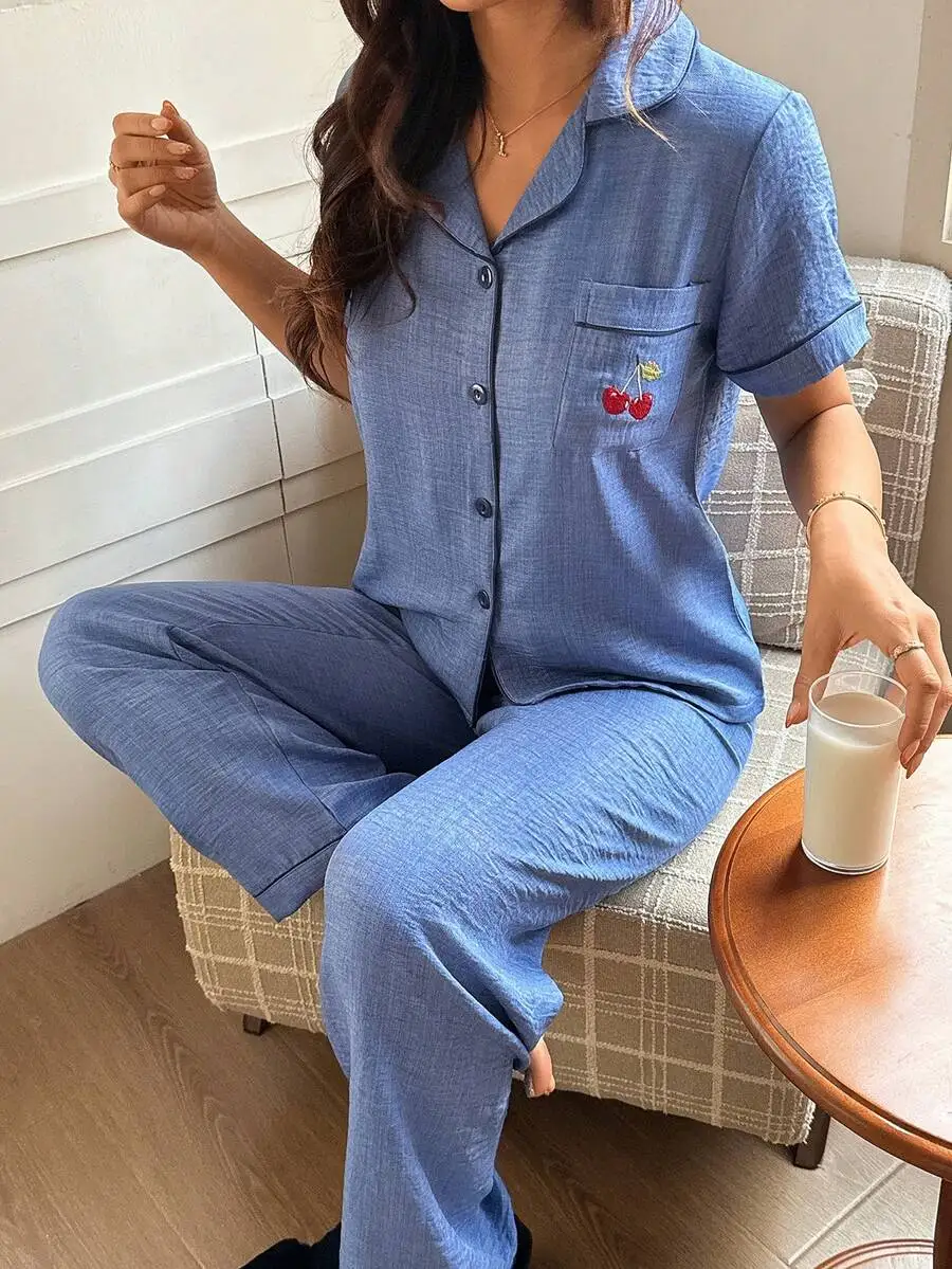 Womens Blue Short Sleeve Pajama Set With Cherry Embroidery Pocket
Womens Blue Short Sleeve Pajama Set With Cherry Embroidery Pocket