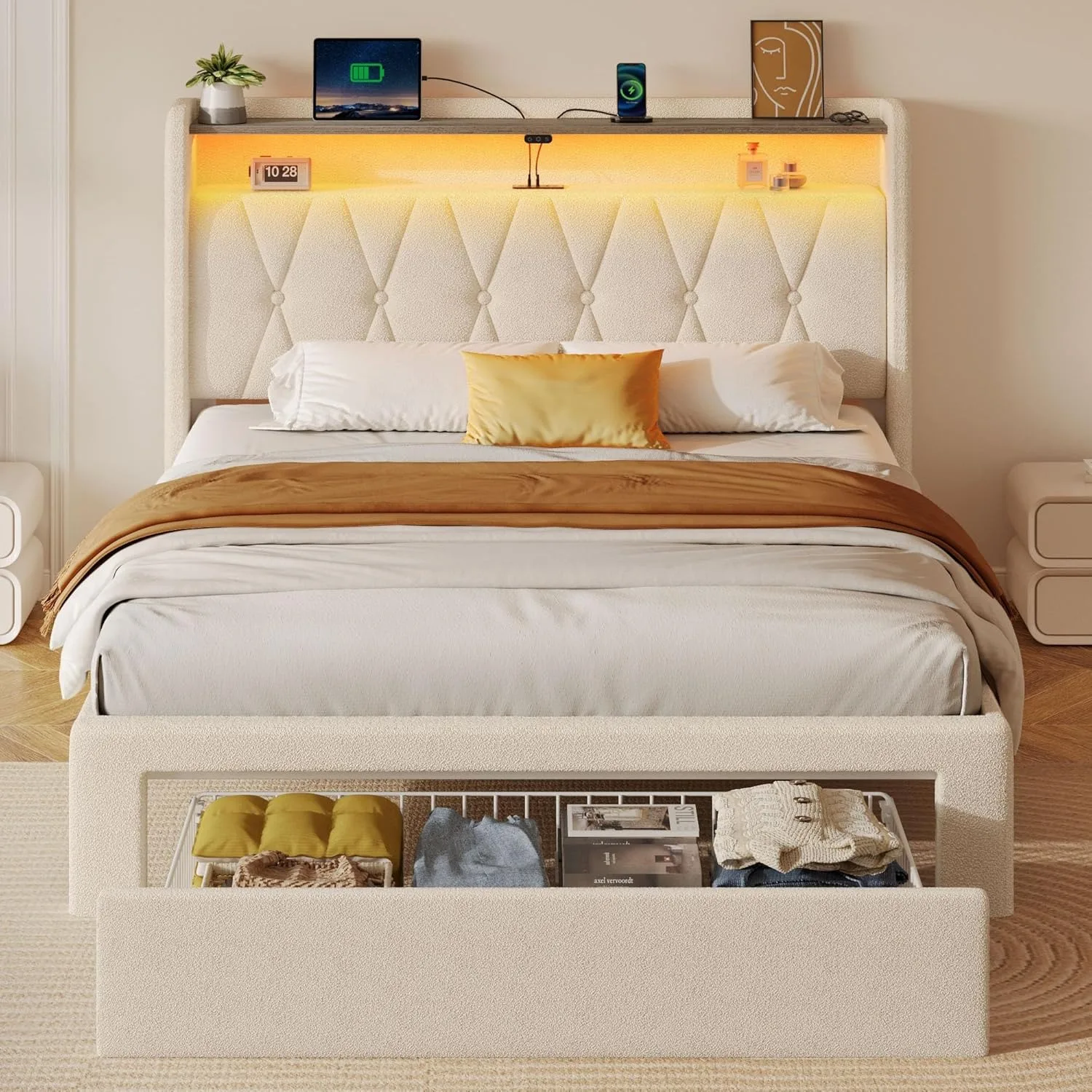 Twin Bed Frame with Drawer, Storage Headboard with Charging Station and LED Lights, Upholstered Bed with Heavy Duty Wood Slats,
Twin Bed Frame with Drawer, Storage Headboard with Charging Station and LED Lights, Upholstered Bed with Heavy Duty Wood Slats,
