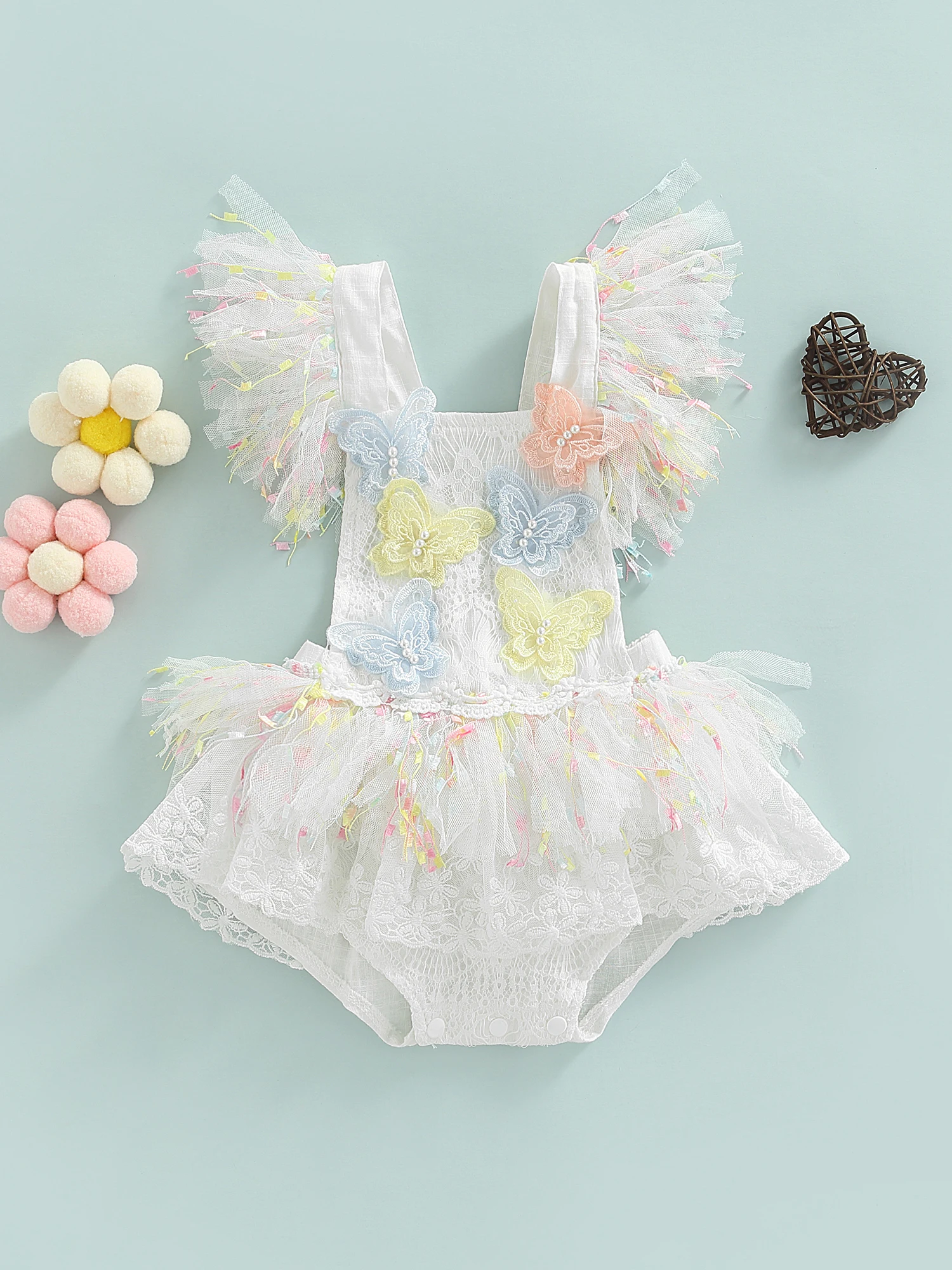 Baby Girl Sleeveless Lace Patchwork Gauze Romper Bodysuit with Colorful Butterfly Patch and Summer Jumpsuit
Baby Girl Sleeveless Lace Patchwork Gauze Romper Bodysuit with Colorful Butterfly Patch and Summer Jumpsuit