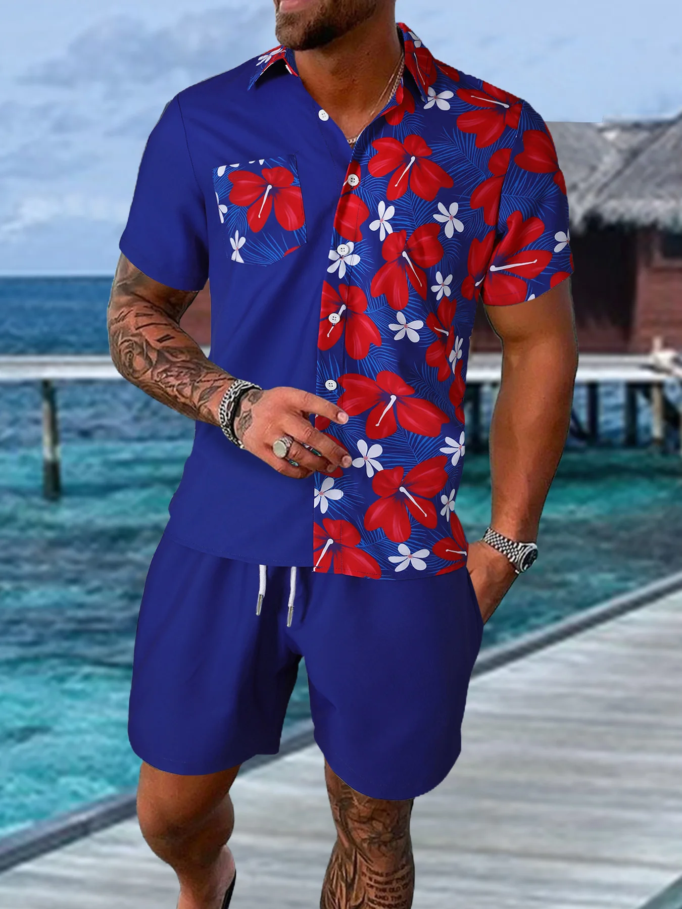 Men's Blue & Red Hibiscus Print Vacation Set 2 Piece Asymmetric Short Sleeve Shirt & Drawstring Shorts Outfit
Men's Blue & Red Hibiscus Print Vacation Set 2 Piece Asymmetric Short Sleeve Shirt & Drawstring Shorts Outfit