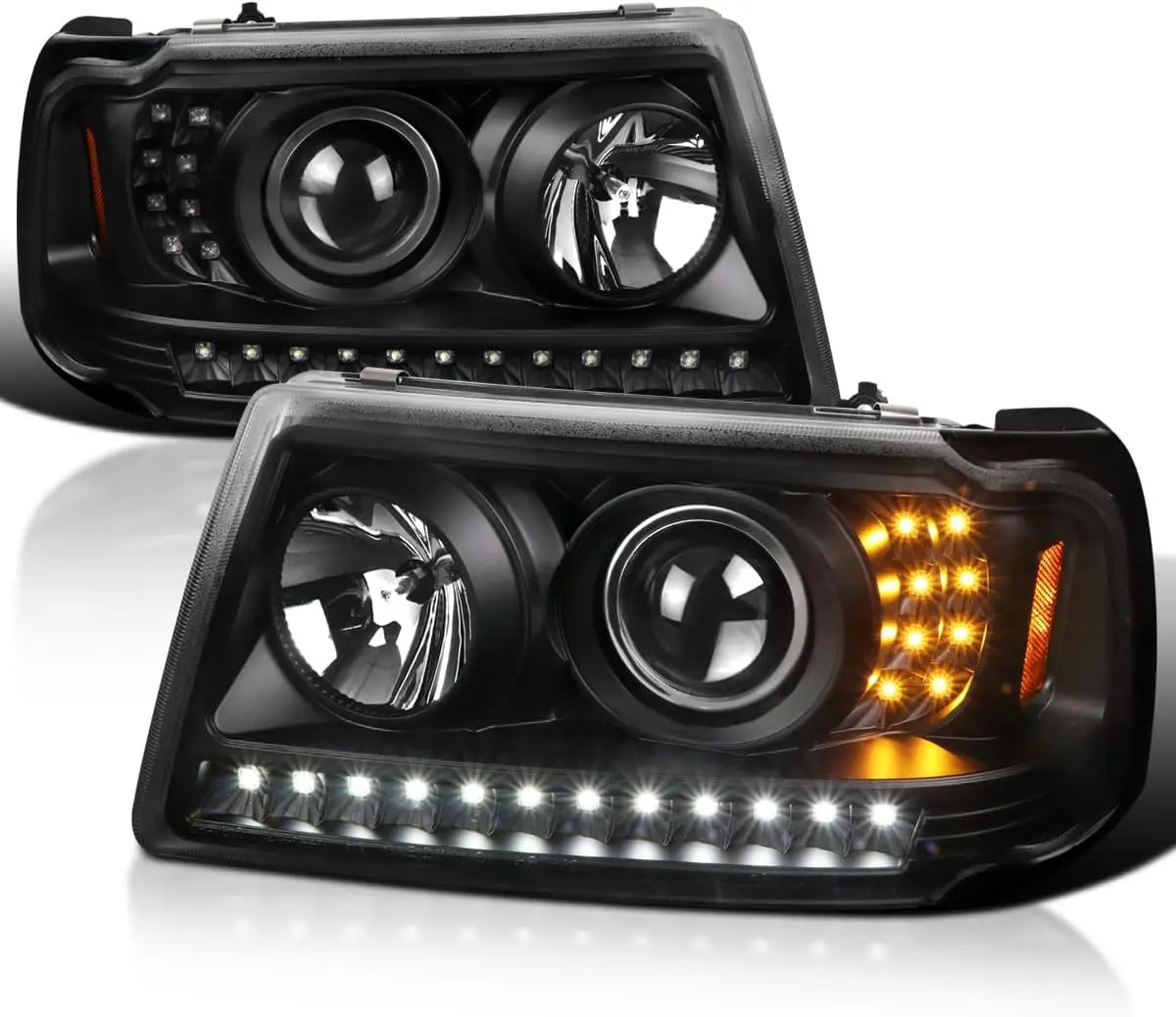 Черные фары проектора со светодиодной лентой и светодиодными указателями поворота, совместимые с Ford Ranger 2001-2011, пара левых и правых фар в качестве
Черные фары проектора со светодиодной лентой и светодиодными указателями поворота, совместимые с Ford Ranger 2001-2011, пара левых и правых фар в качестве