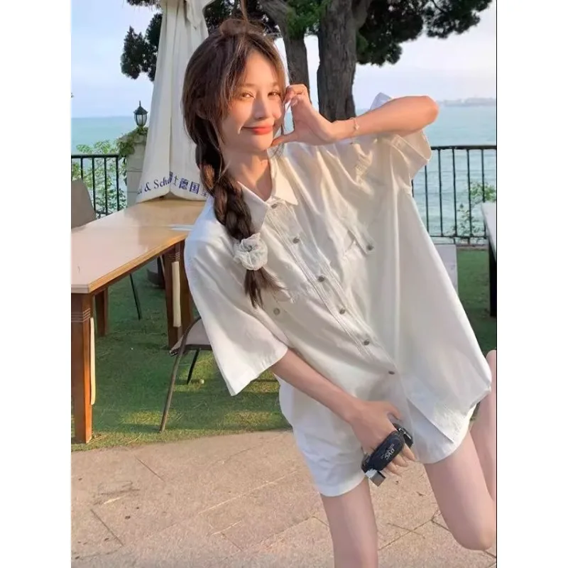 Korean Style Women's Cargo Short Sleeve Shirt Shorts Two Piece Set Thin Slim Petite Summer Daily Casual Outfit
Korean Style Women's Cargo Short Sleeve Shirt Shorts Two Piece Set Thin Slim Petite Summer Daily Casual Outfit