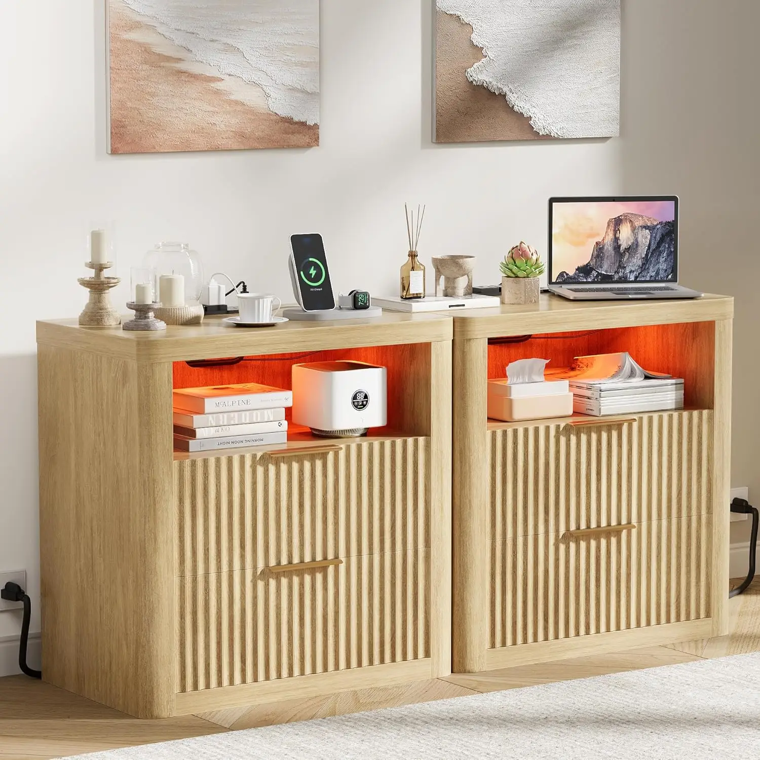 Fluted Nightstands Set of 2 with Charging Station & RGB Lights,Wooden End Table with 2 Deep Drawers & Open Storage, Customized
Fluted Nightstands Set of 2 with Charging Station & RGB Lights,Wooden End Table with 2 Deep Drawers & Open Storage, Customized