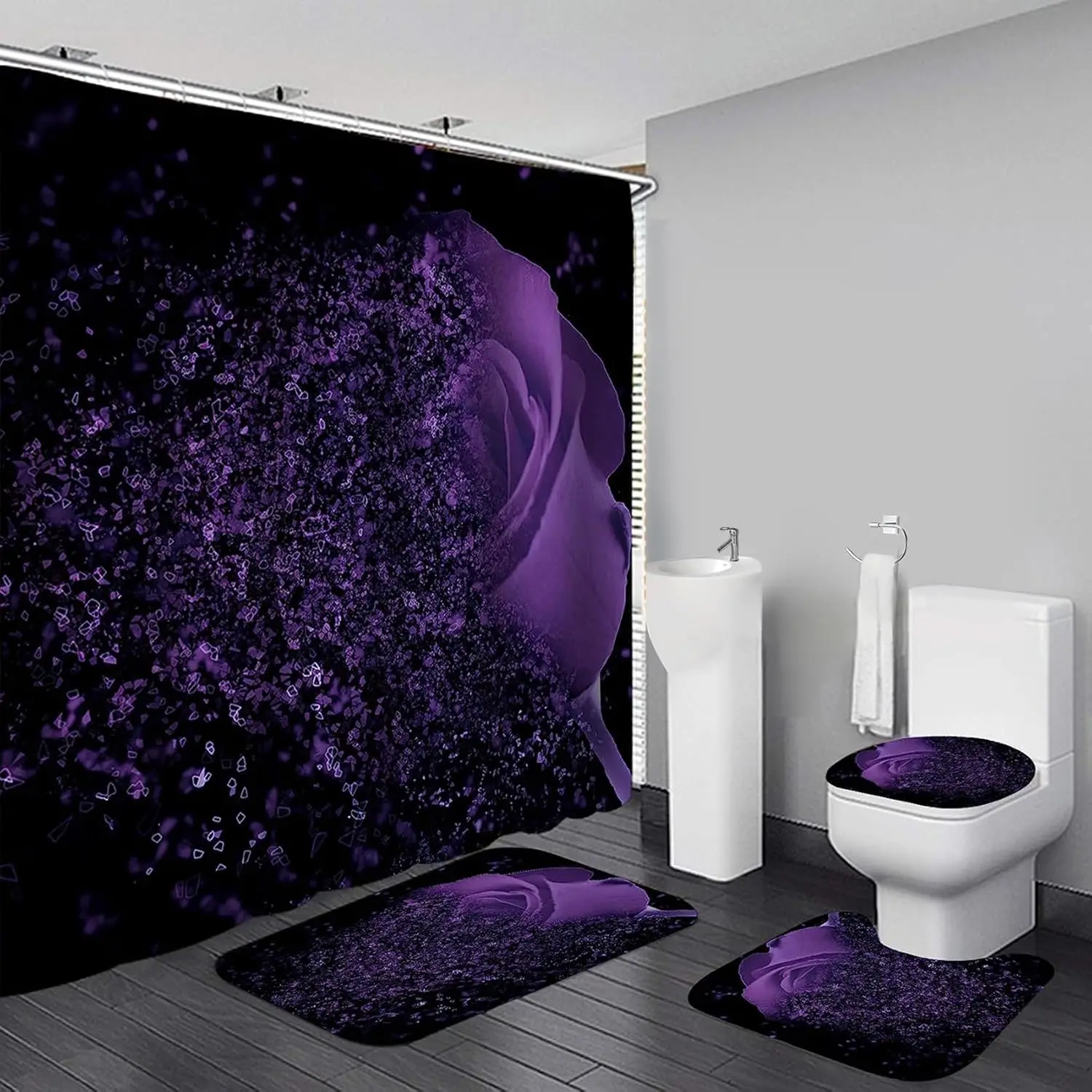 4Pcs Black Purple Shower Curtain Set with Red Rose,Non-Slip Rugs,Bath Mat, U-Shaped Mat,Toilet Lid Cover 12 Hooks,Romantic Decor
4Pcs Black Purple Shower Curtain Set with Red Rose,Non-Slip Rugs,Bath Mat, U-Shaped Mat,Toilet Lid Cover 12 Hooks,Romantic Decor