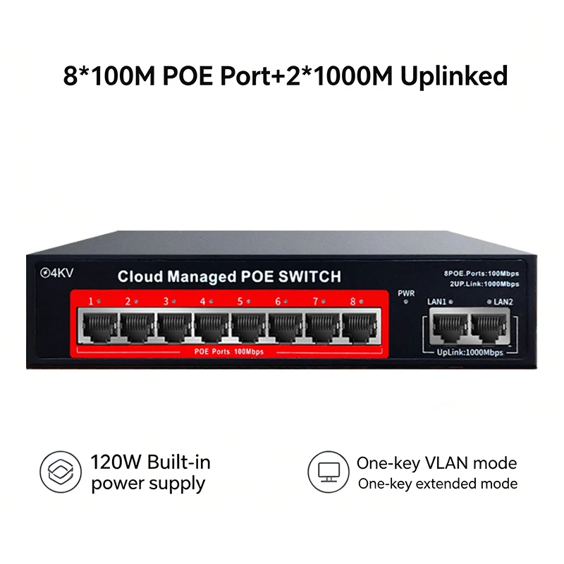 Cloud Managed PoE Switch 8 Port 100Mbps 2 Uplink 1000Mbps 120W Built-in Power 4KV Lightning Protection VLAN/Extend Mode PS208G
Cloud Managed PoE Switch 8 Port 100Mbps 2 Uplink 1000Mbps 120W Built-in Power 4KV Lightning Protection VLAN/Extend Mode PS208G