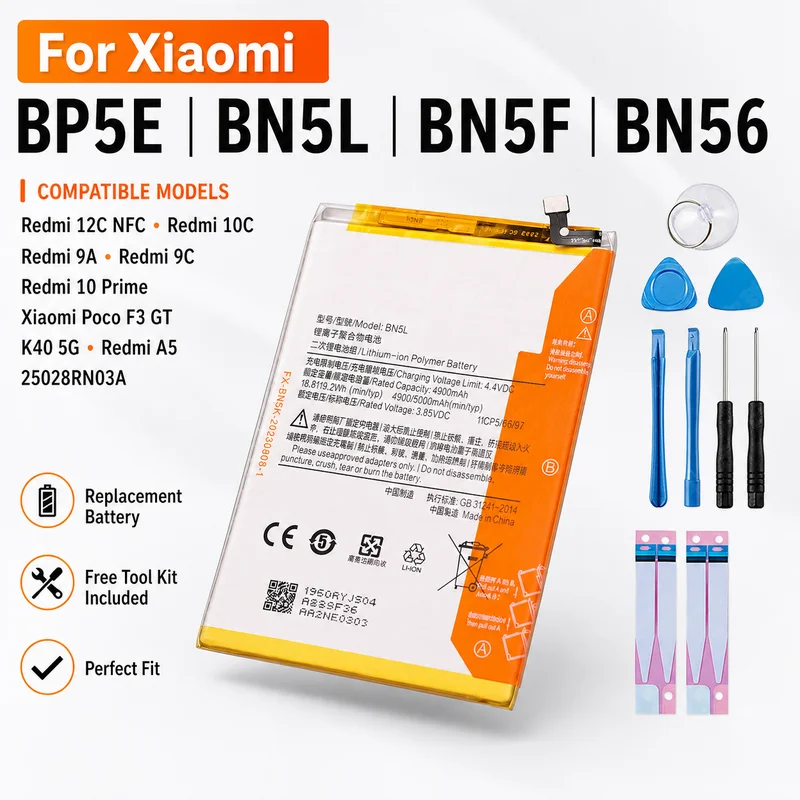 Premium Replacement Phone Battery BN5L BN5F BN56 BP5E For Xiaomi Redmi 12C 10C 9A 9C 10 Prime K40 5G A5, For POCO F3 GT M2 Pro
Premium Replacement Phone Battery BN5L BN5F BN56 BP5E For Xiaomi Redmi 12C 10C 9A 9C 10 Prime K40 5G A5, For POCO F3 GT M2 Pro