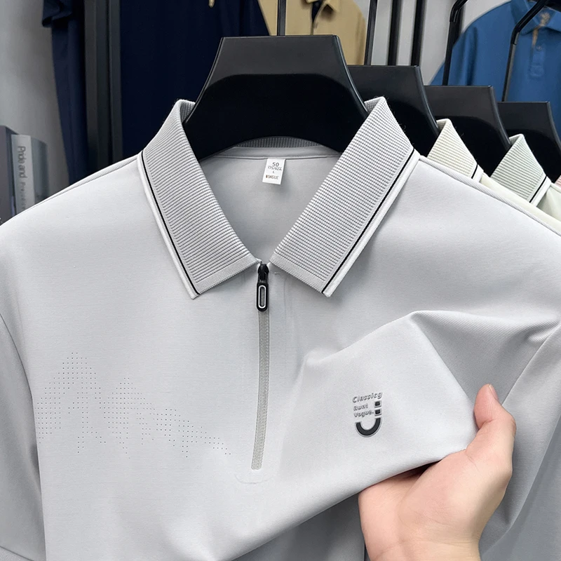 High end brand ice silk short sleeve polo shirt new summer breathable fashion half zipper T-shirt letter embossed men's clothing
High end brand ice silk short sleeve polo shirt new summer breathable fashion half zipper T-shirt letter embossed men's clothing
