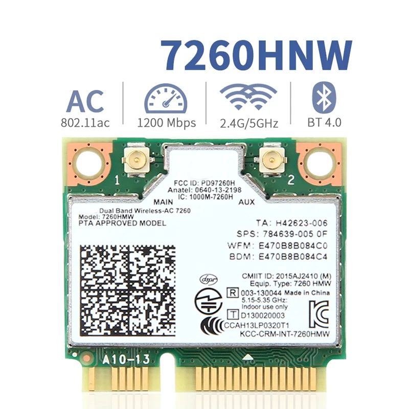 AC 7260 7260HMW Mini PCI-E двухдиапазонная беспроводная сетевая карта 2,4G/5Ghz Bluetooth 4.0 802.11AC/A/B/G
AC 7260 7260HMW Mini PCI-E двухдиапазонная беспроводная сетевая карта 2,4G/5Ghz Bluetooth 4.0 802.11AC/A/B/G